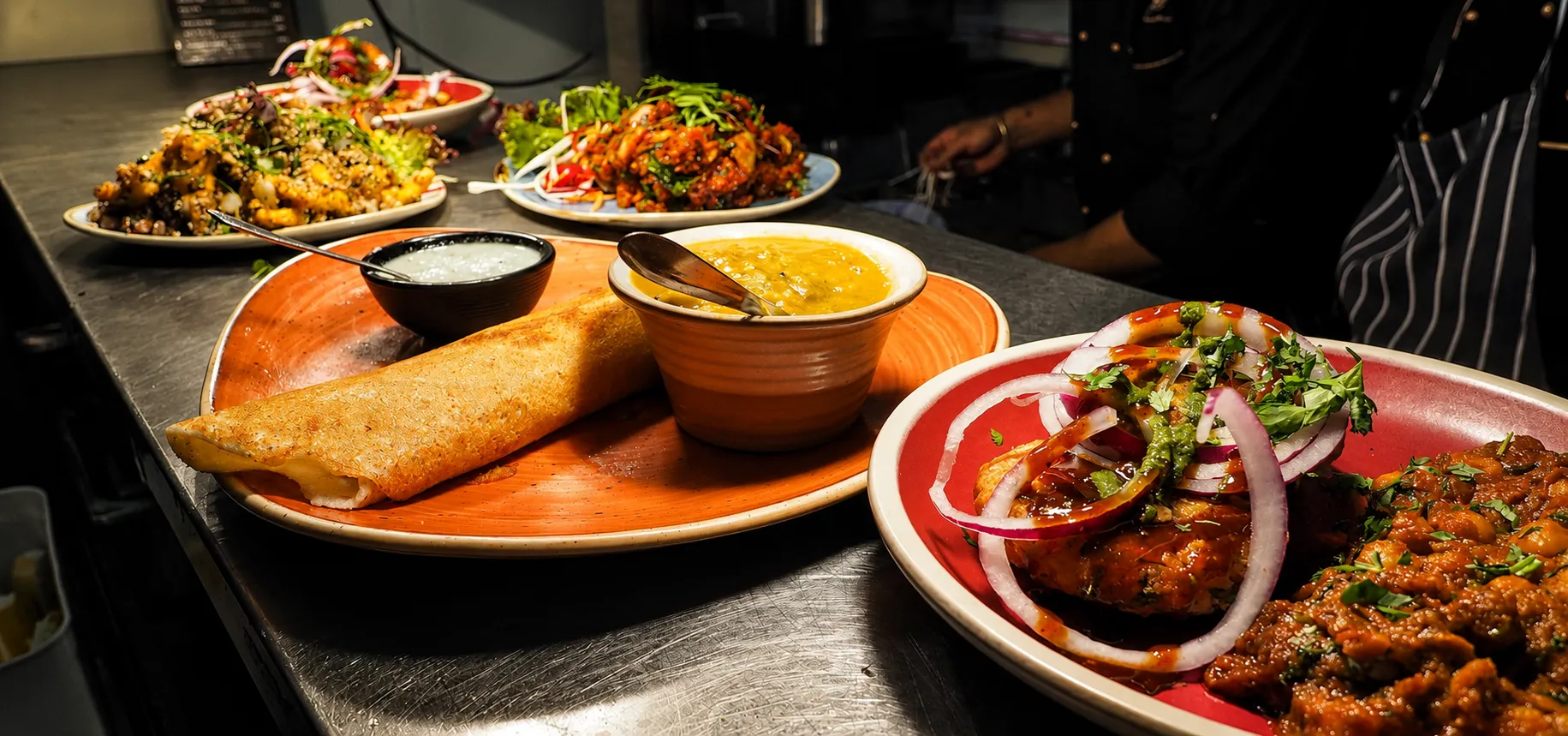 Indian curry, naan and rice spread served at Indian Curry House-Banff