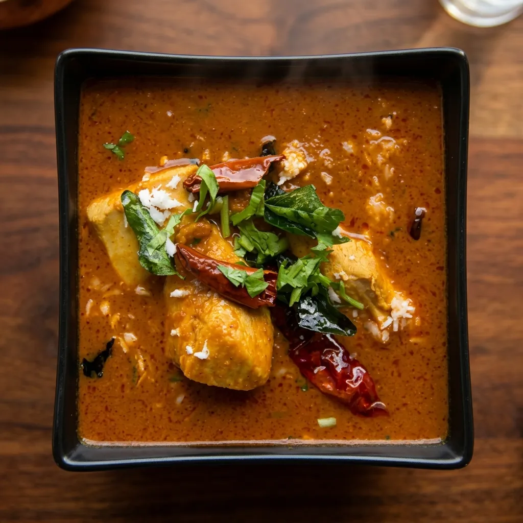 South Indian chicken Chettinad curry with dried red chillies served in Banff