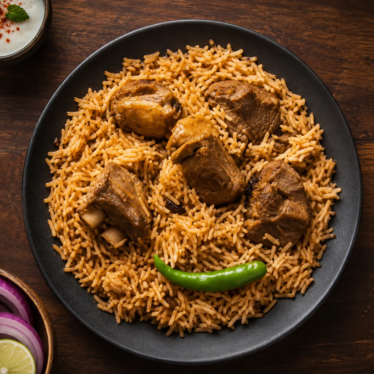 Goat biryani with basmati rice and raita at our Indian restaurant in Banff